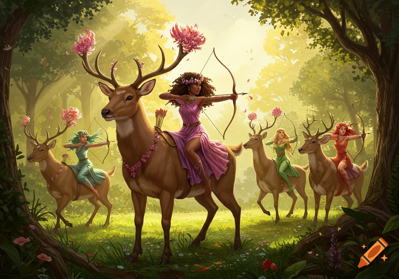 Fantasy art of four women archers riding floral-antlered deer through a sunlit forest.