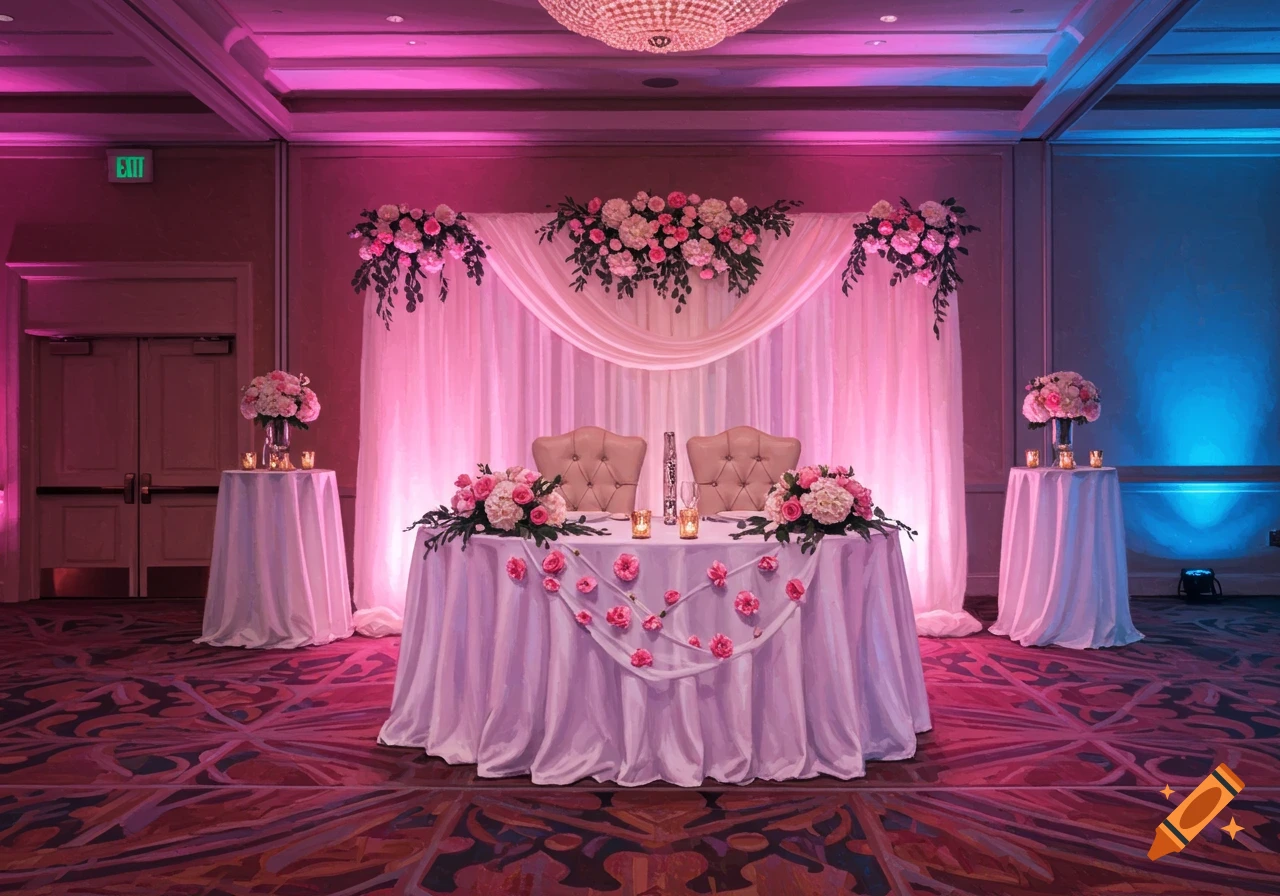 A sweetheart table with pink flowers and candles, illuminated by pink and blue uplighting in a ballroom.