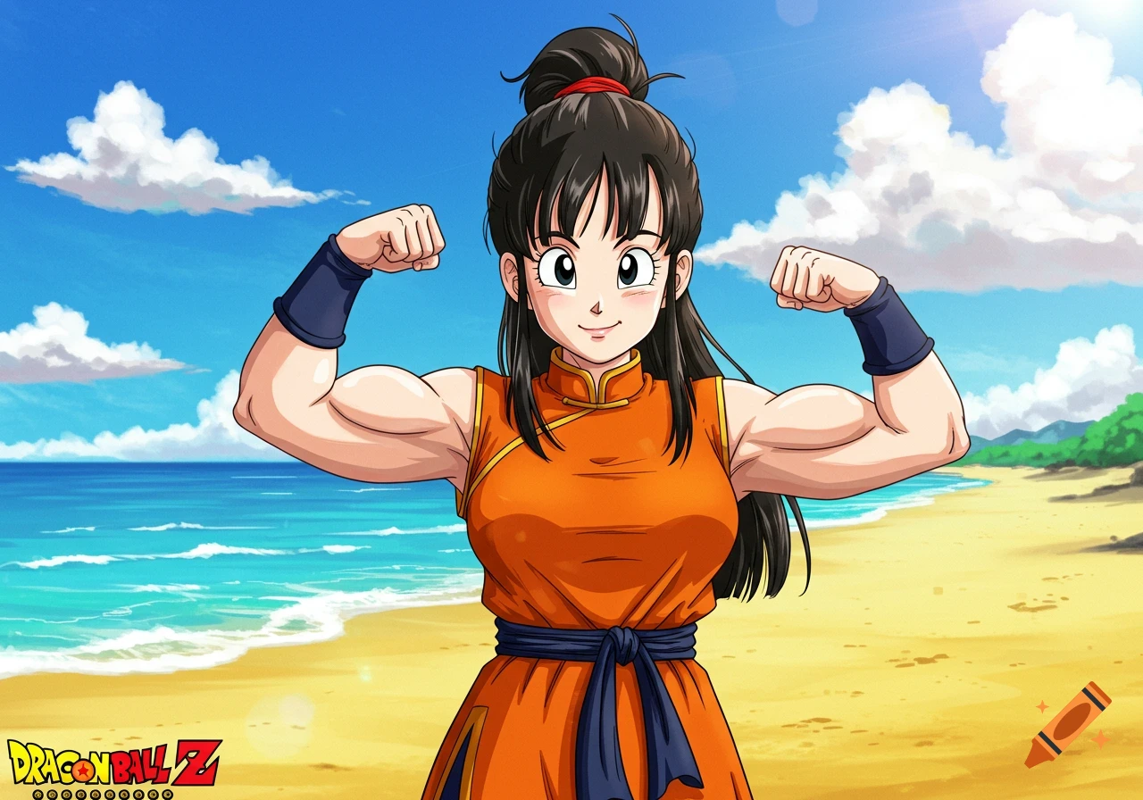 Anime character Chi-Chi flexing her muscular arms on a sunny beach, smiling.