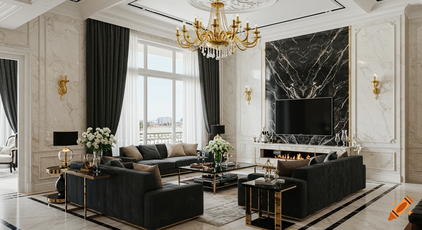 A luxurious living room featuring white, black, and tan marble, black sofas, a gold chandelier, fireplace, and large windows.