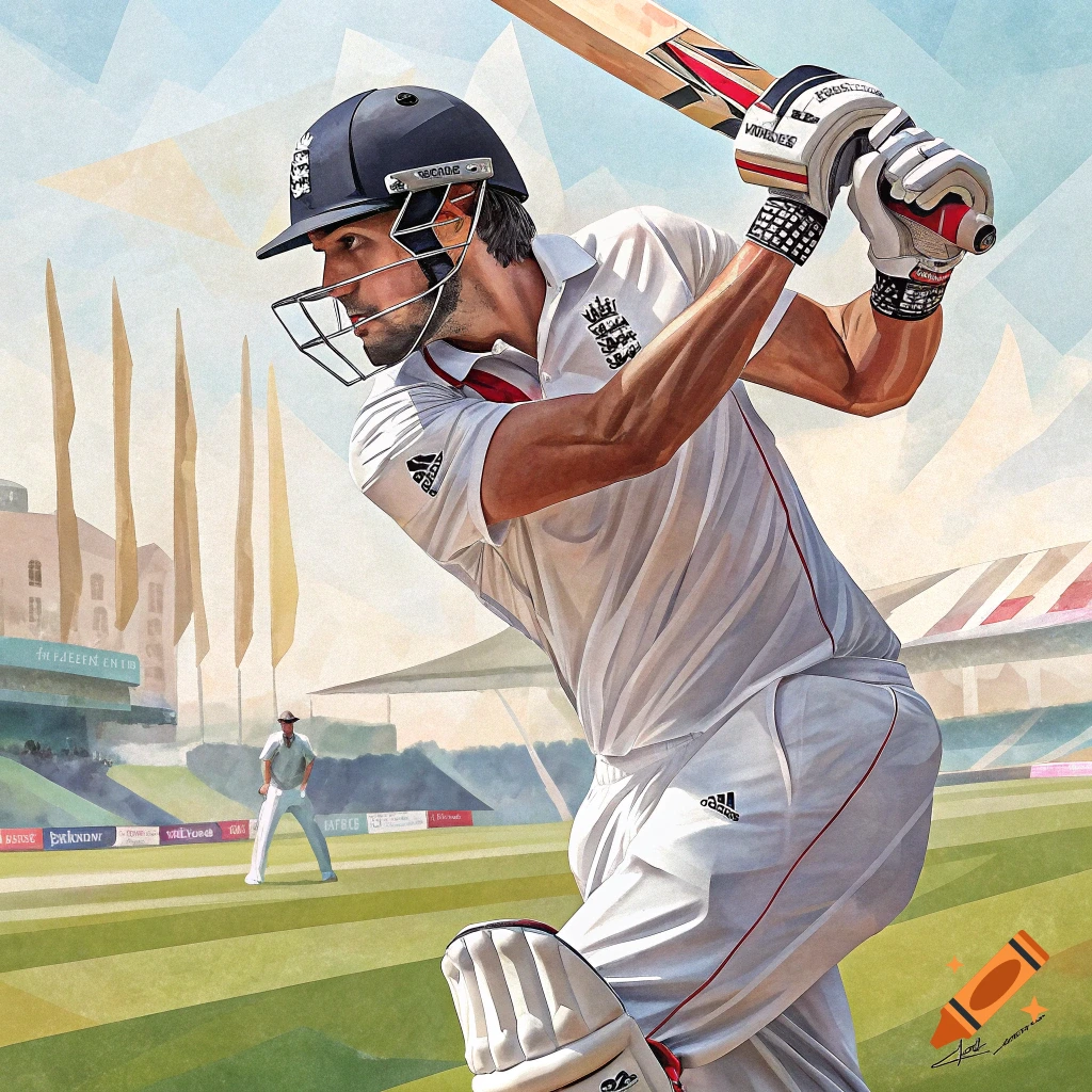 A cricket player in white uniform and helmet bats on a sunny field, depicted in a cubism and impressionism art style.