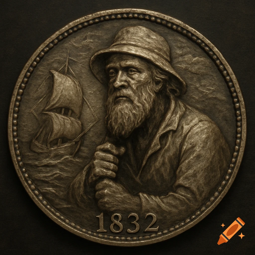 Bronze medallion featuring a bearded mariner, a sailing ship, and the year 1832, in a relief sculpture style.