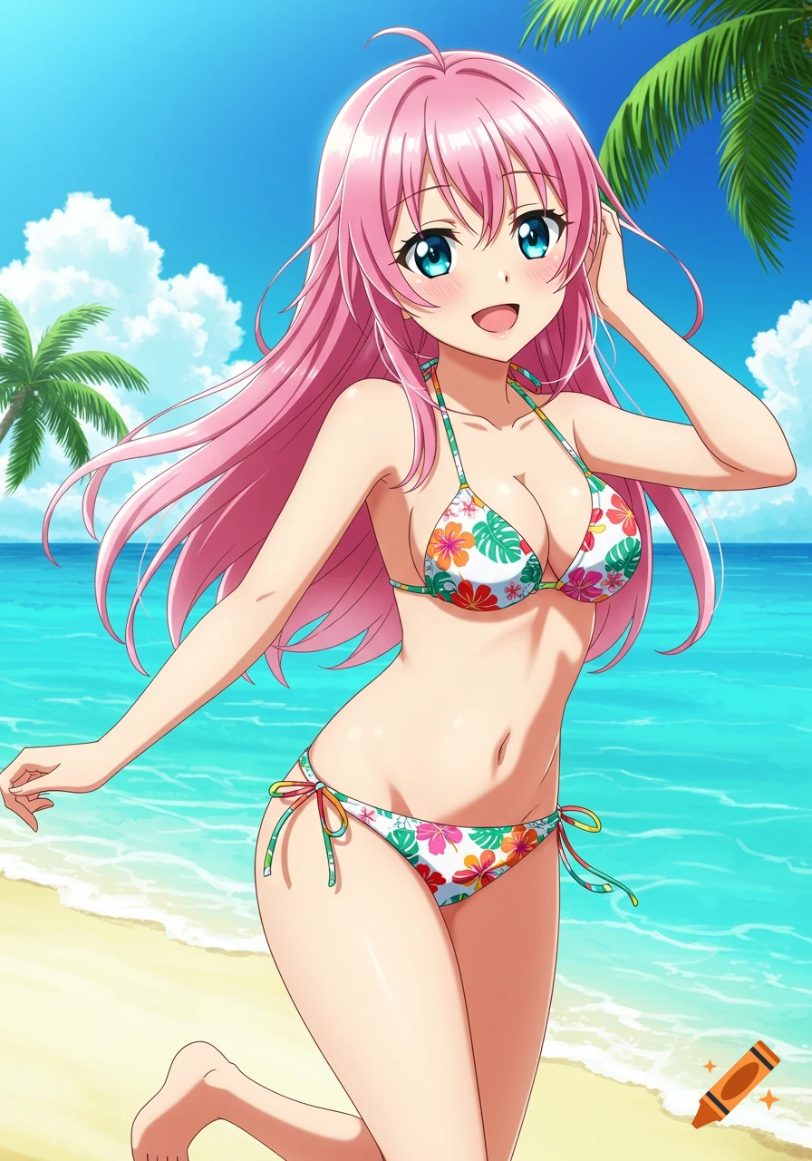 Anime girl with pink hair in a floral bikini on a sandy beach by the ocean, smiling with blue eyes.