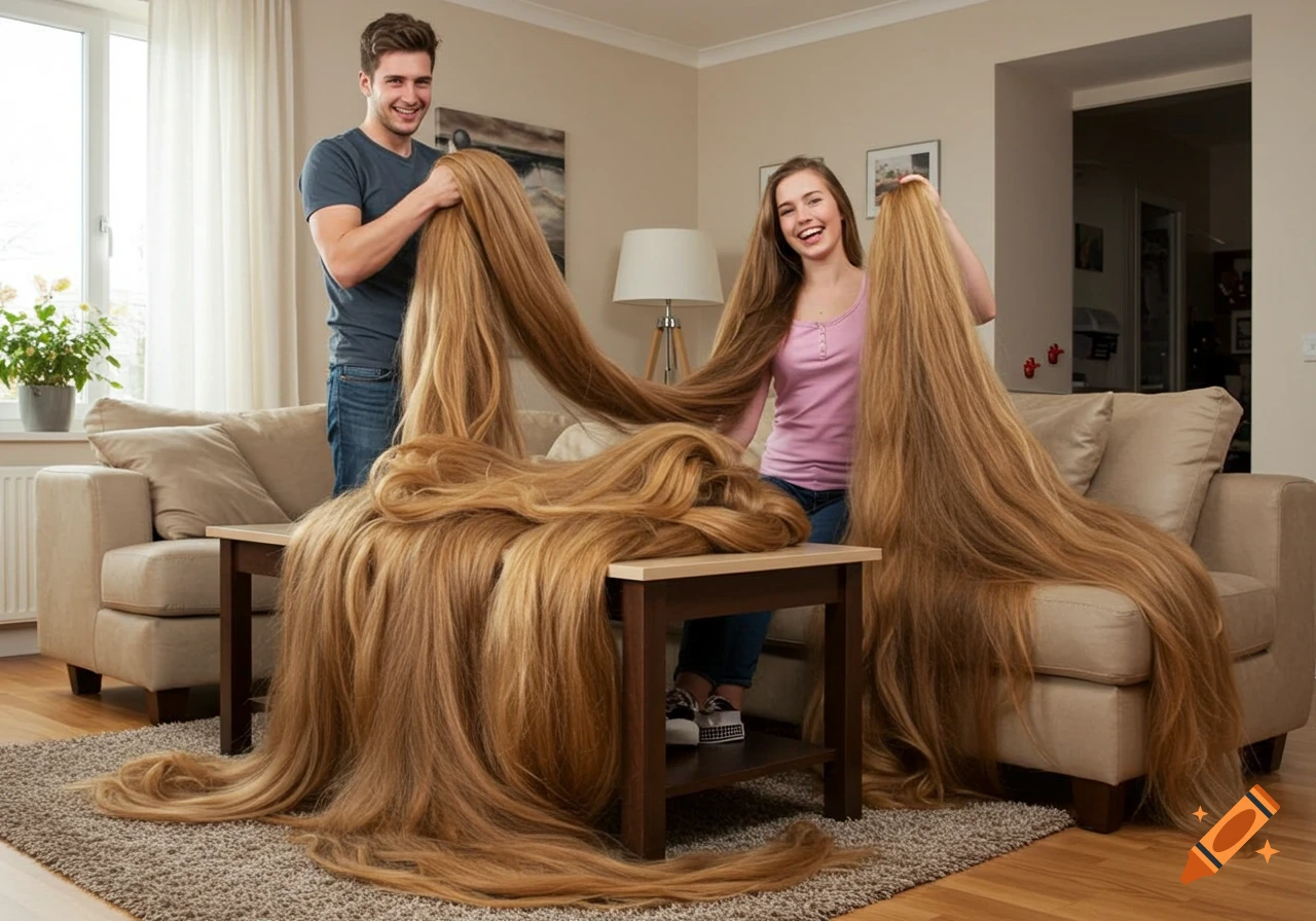 Photorealistic image of a man and a woman in a living room, smiling and holding incredibly long, thick blonde hair.