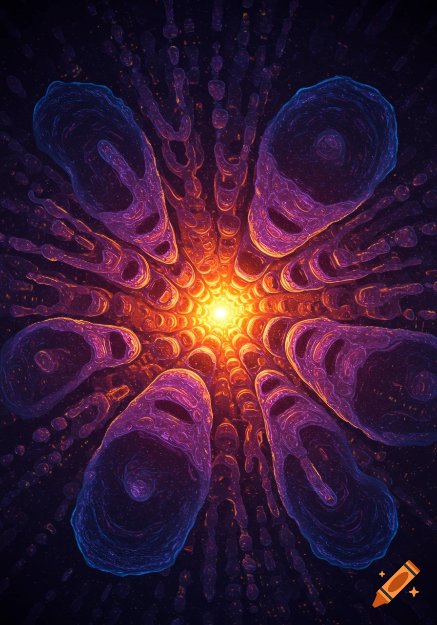 Abstract glowing purple and orange organic forms radiating from a bright central light.