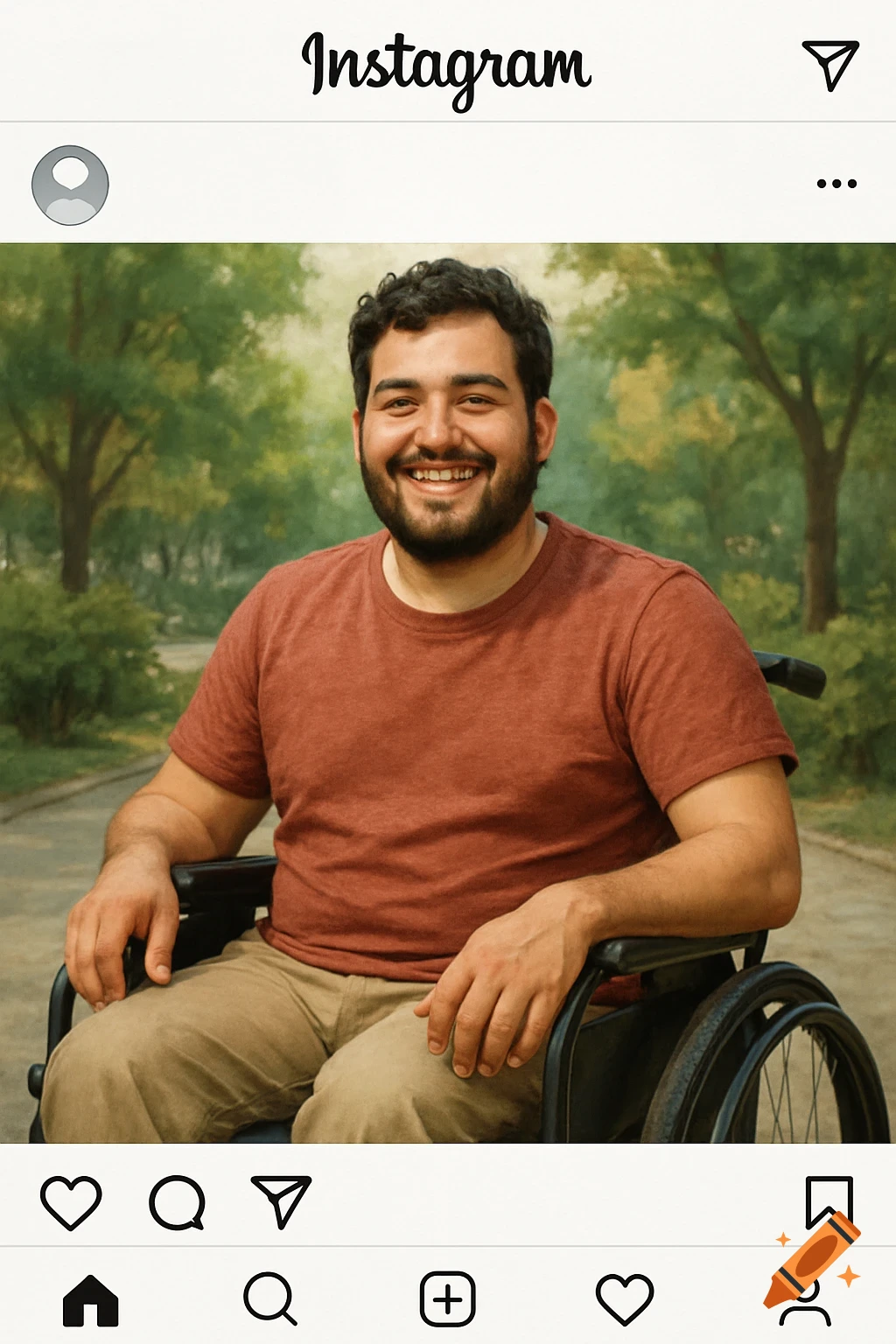 A smiling man with a beard in a wheelchair, wearing a red shirt, outdoors on a path, within an Instagram post frame.