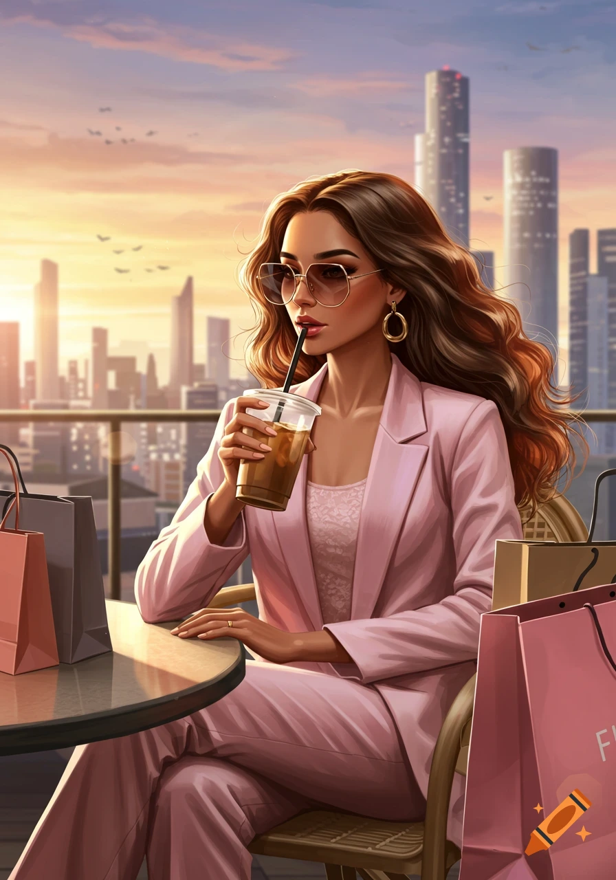 A stylish woman in a pink suit sips iced coffee at a rooftop cafe, surrounded by shopping bags, with a city skyline at sunset.