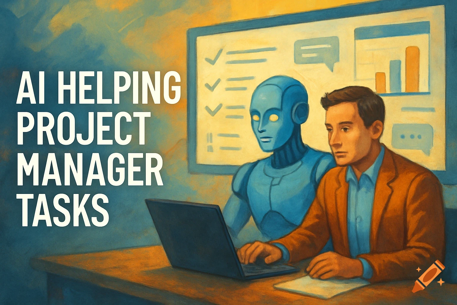 A robot and a man in a stylized painting work on a laptop, with text 'AI HELPING PROJECT MANAGER TASKS' and charts.