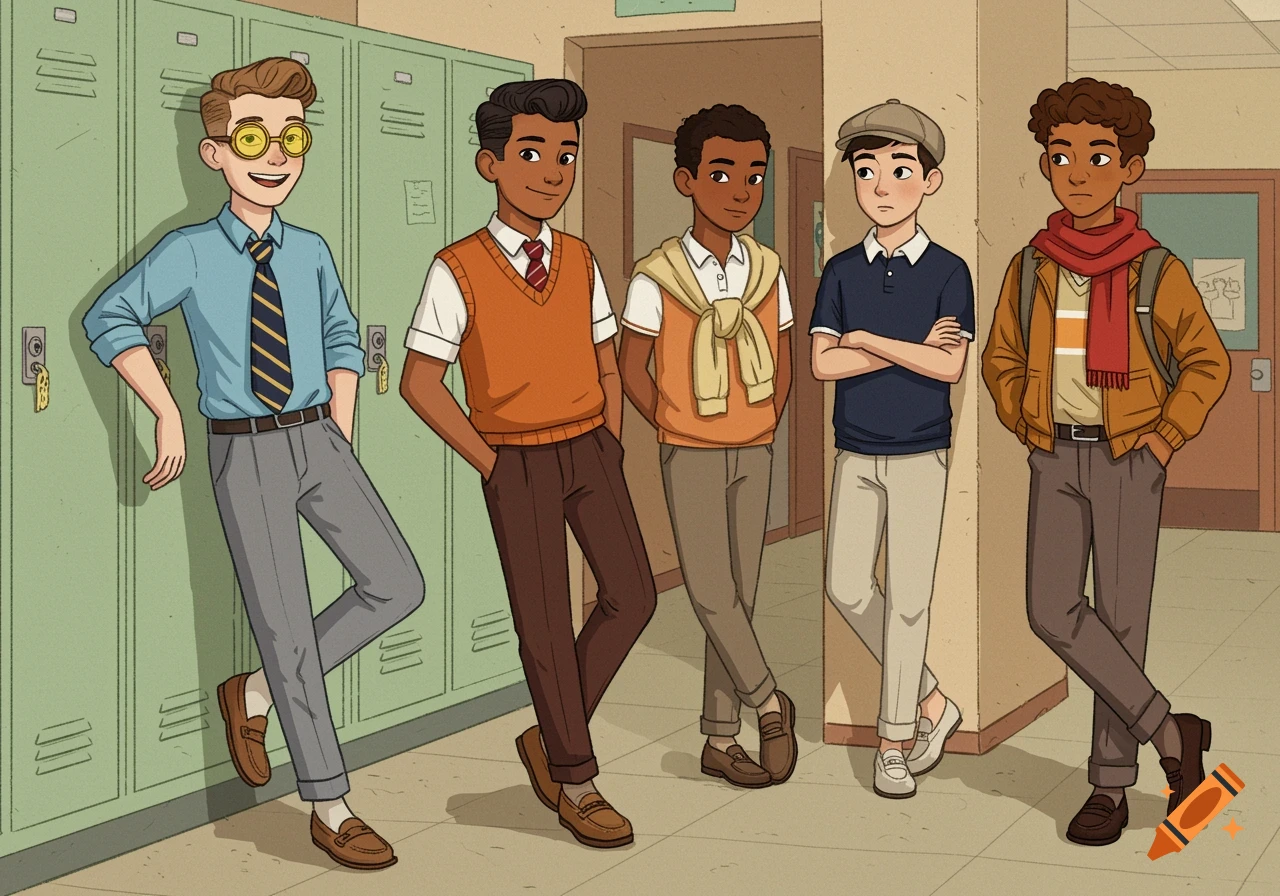 Five diverse teenage boys casually lean in a school hallway, depicted in a vibrant cartoon illustration style.