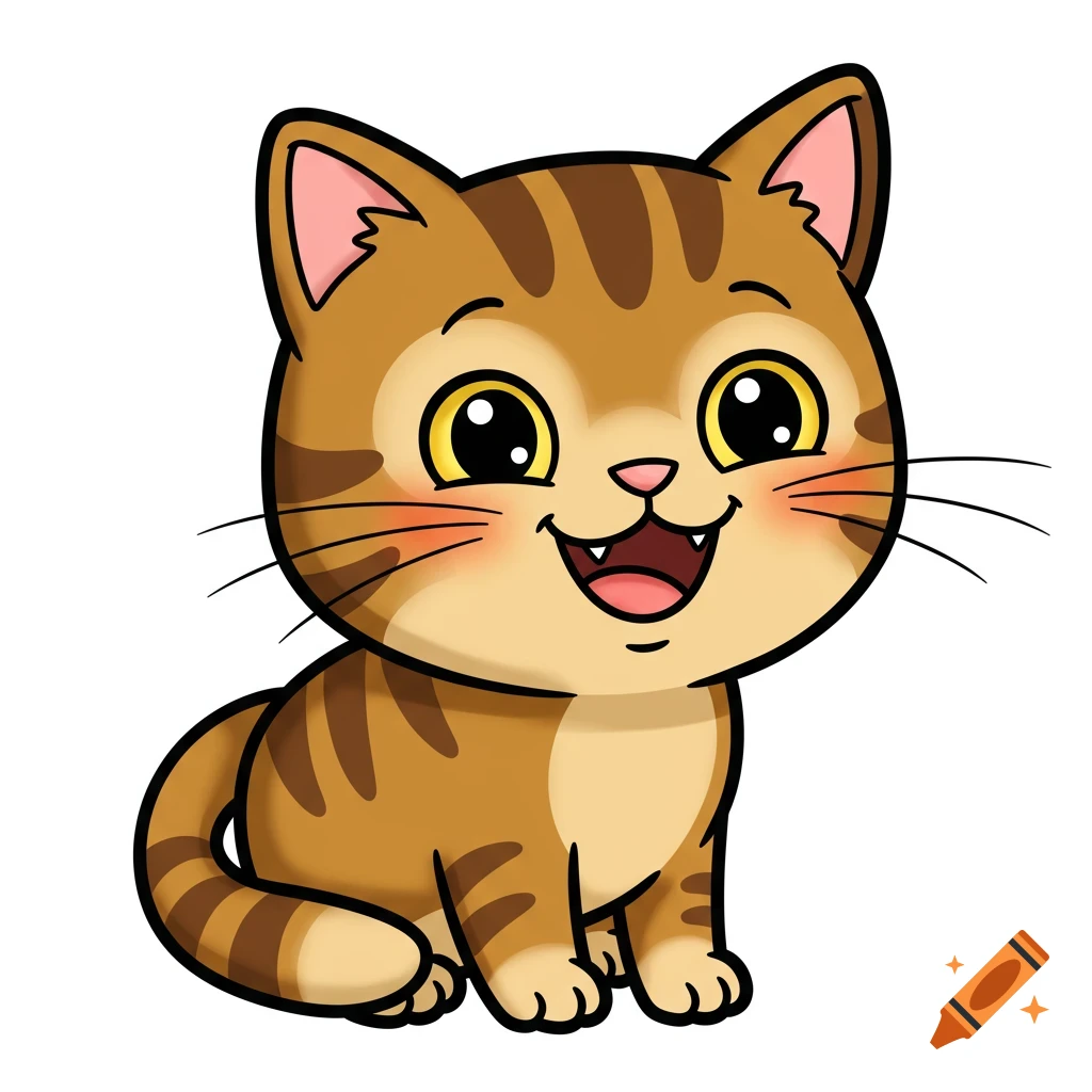 A happy cartoon tabby cat in clipart style sitting on a white background.