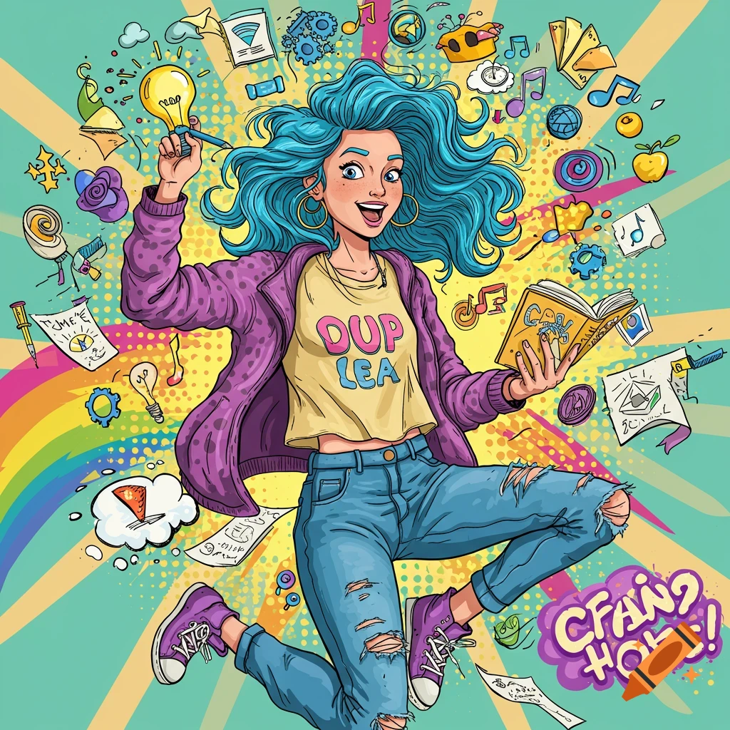 A cartoon Gen Z girl with blue hair jumps in the air, holding a lightbulb and a book, surrounded by colorful thought bubbles and pop art elements.