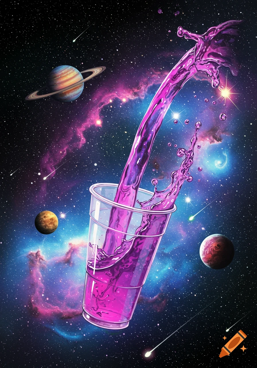 Vibrant purple liquid pours from a clear cup into outer space, surrounded by colorful nebulae, Saturn, and shooting stars.
