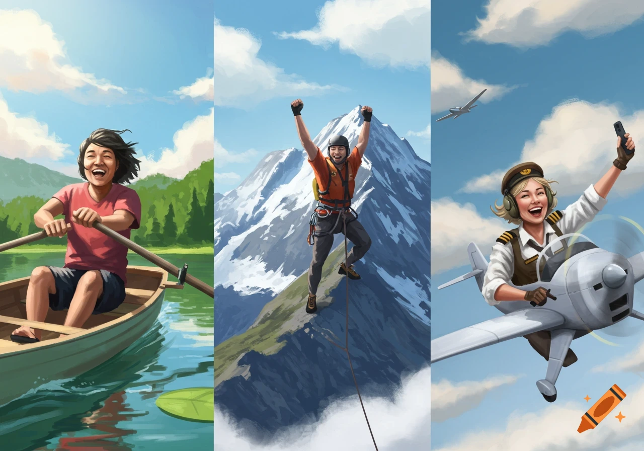 A triptych showing a person rowing a boat, a mountain climber, and a pilot flying a plane, all happy.