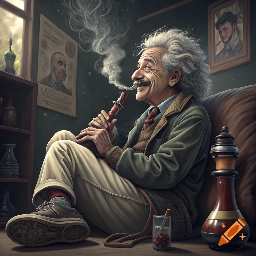 A smiling Albert Einstein with white hair sits indoors smoking a pipe, with smoke rising. A poster and painting are on the wall.