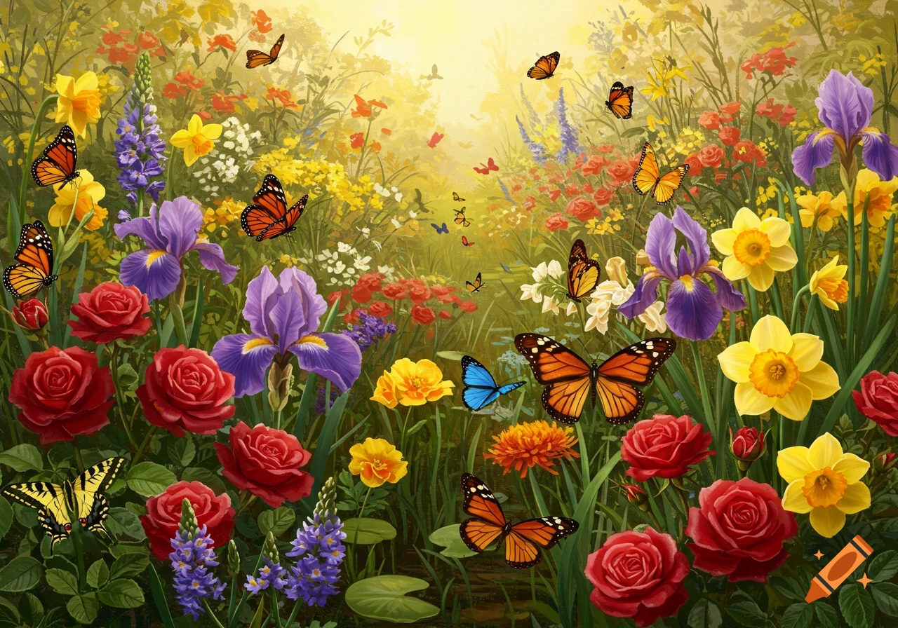 A vibrant digital painting of a lush garden with colorful flowers including roses, irises, and daffodils, with many monarch butterflies.