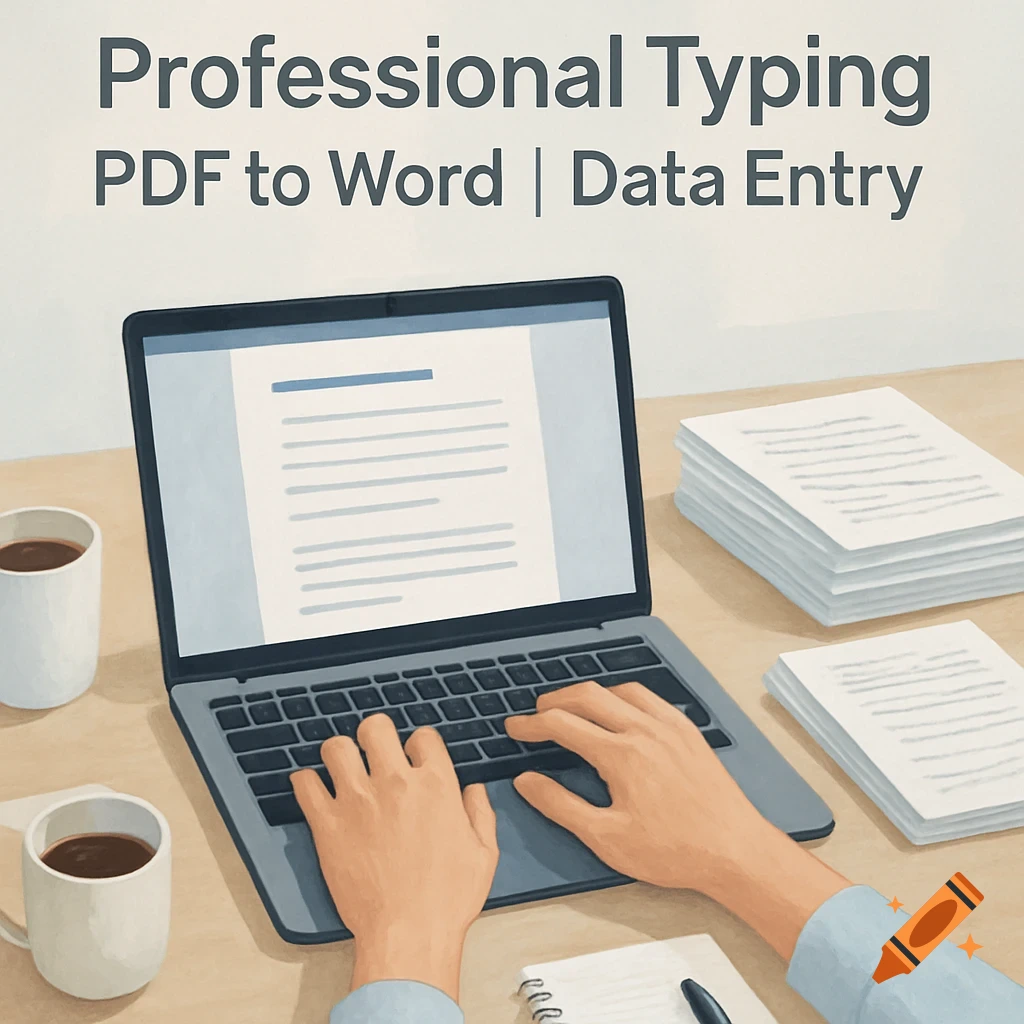 Hands typing on a laptop with papers and coffee cups on a desk, with a text overlay 'Professional Typing PDF to Word | Data Entry' in an illustrated style.