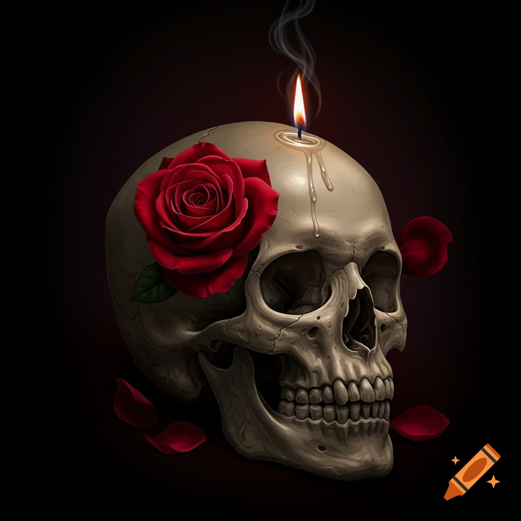 A realistic human skull with a red rose and burning candle on its head against a dark background.