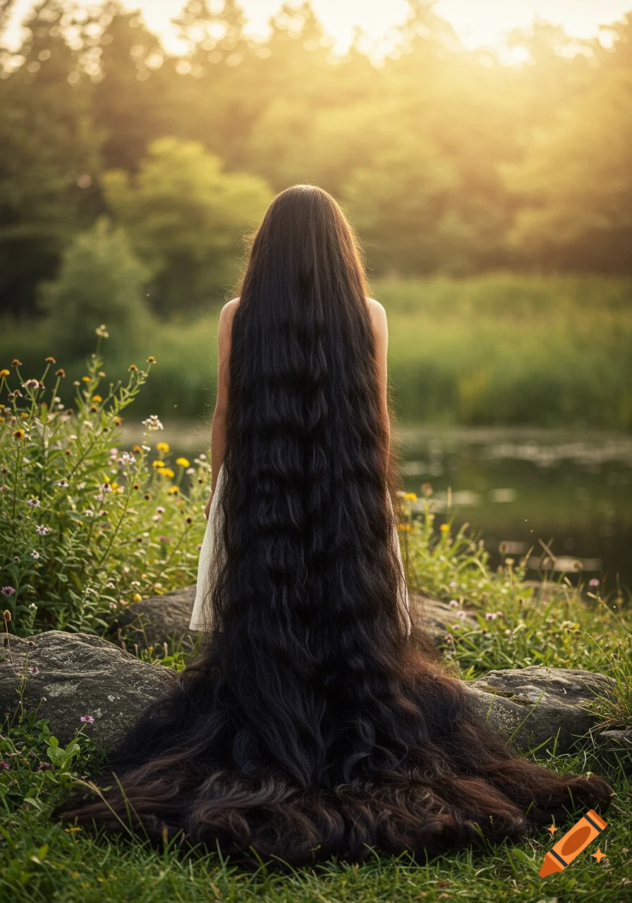 Photorealistic image of a girl with extremely long black hair, seen from behind, standing in a sunlit forest near water.