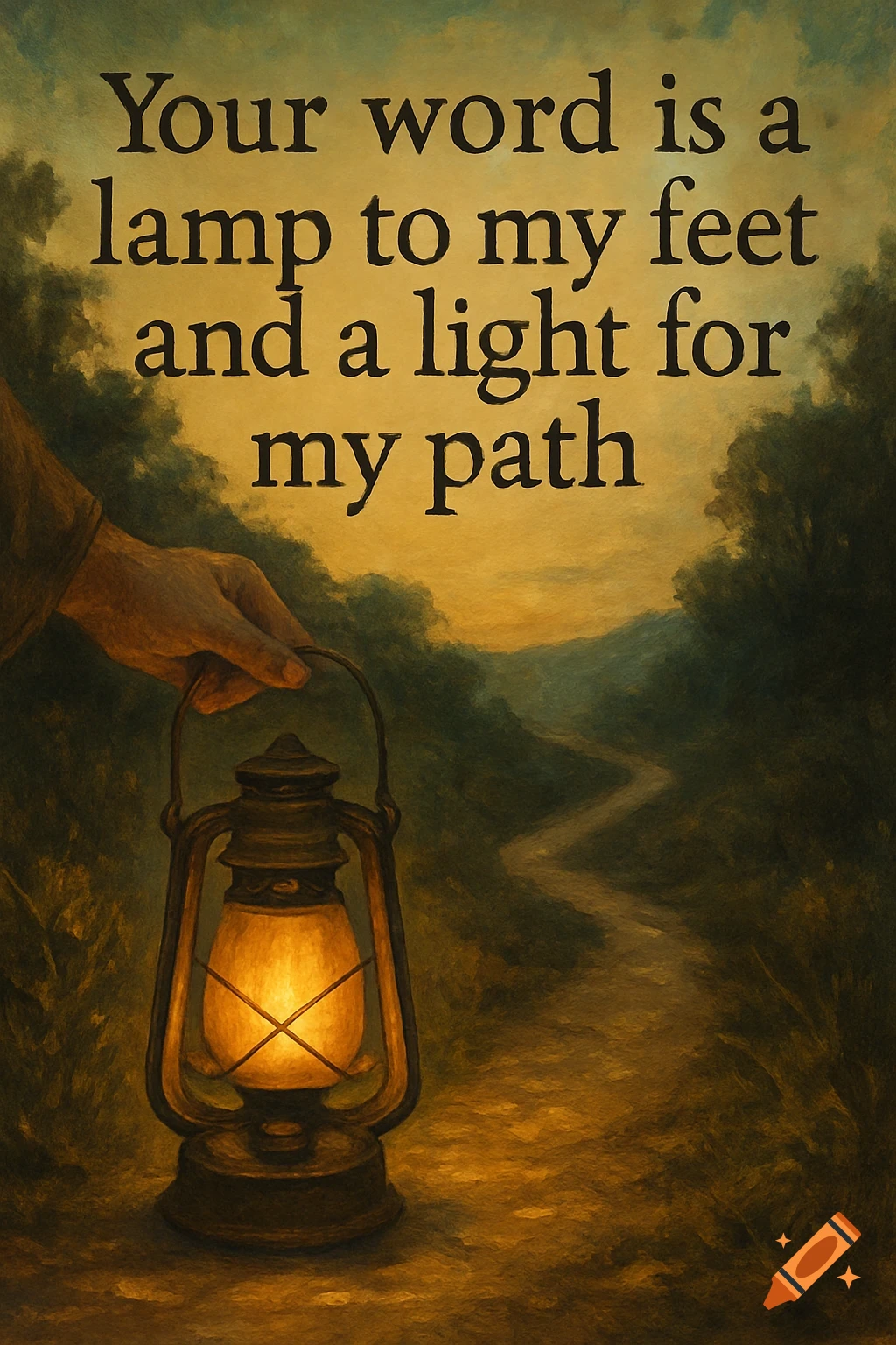 A hand holds a glowing lantern on a winding path at dusk, with the text 'Your word is a lamp to my feet and a light for my path' above it, in a painterly style.