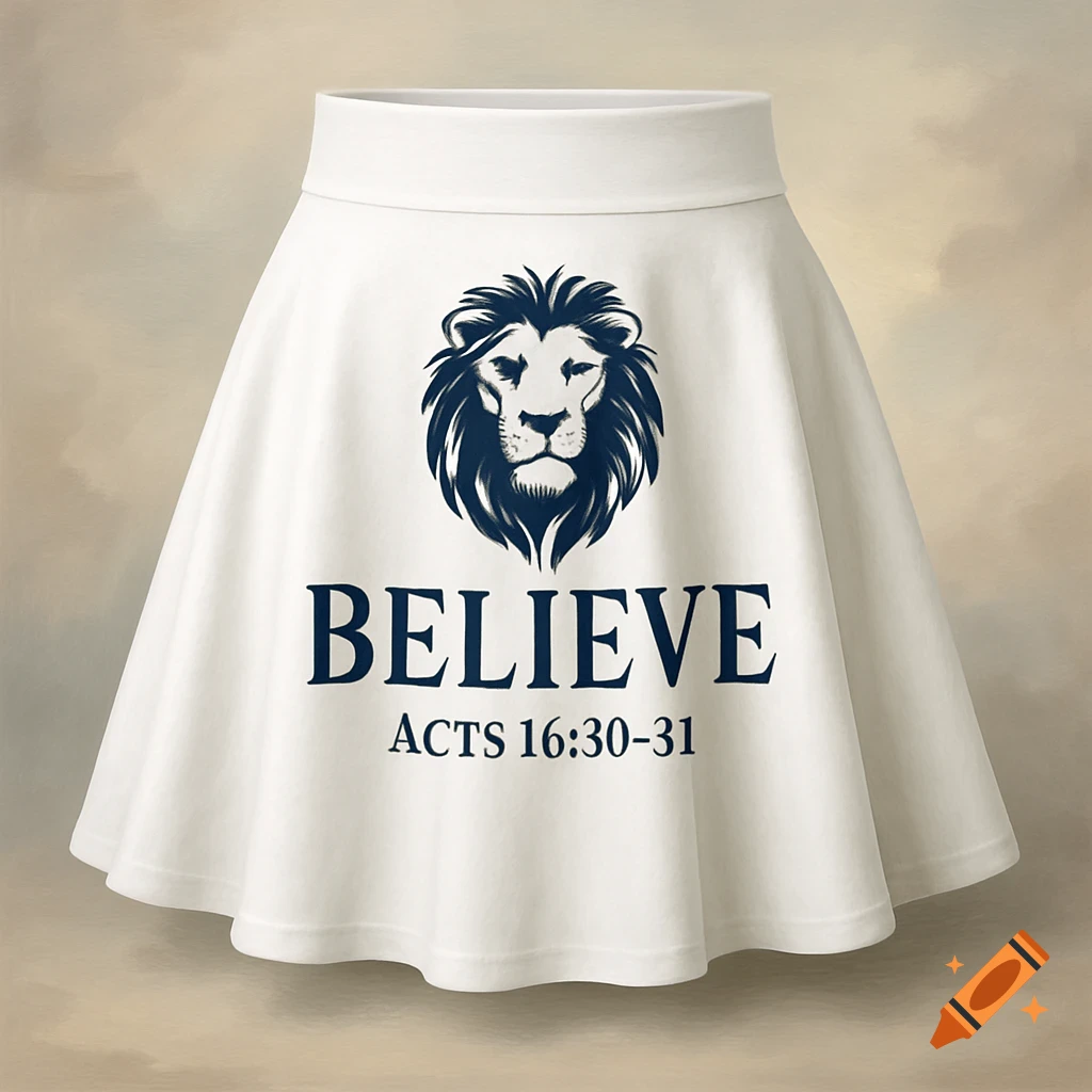 A white skater skirt features a dark blue lion's head logo above the word "BELIEVE" and "ACTS 16:30-31".