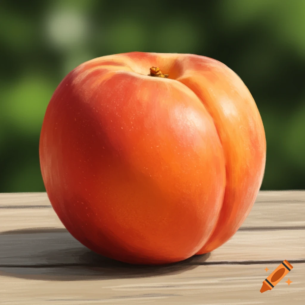 A detailed illustration of a ripe peach resting on a wooden table outdoors.