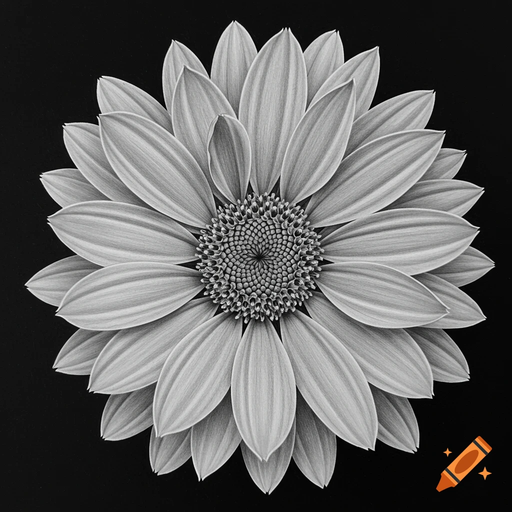 Detailed monochrome pencil drawing of a blooming flower with many petals against a solid black background.