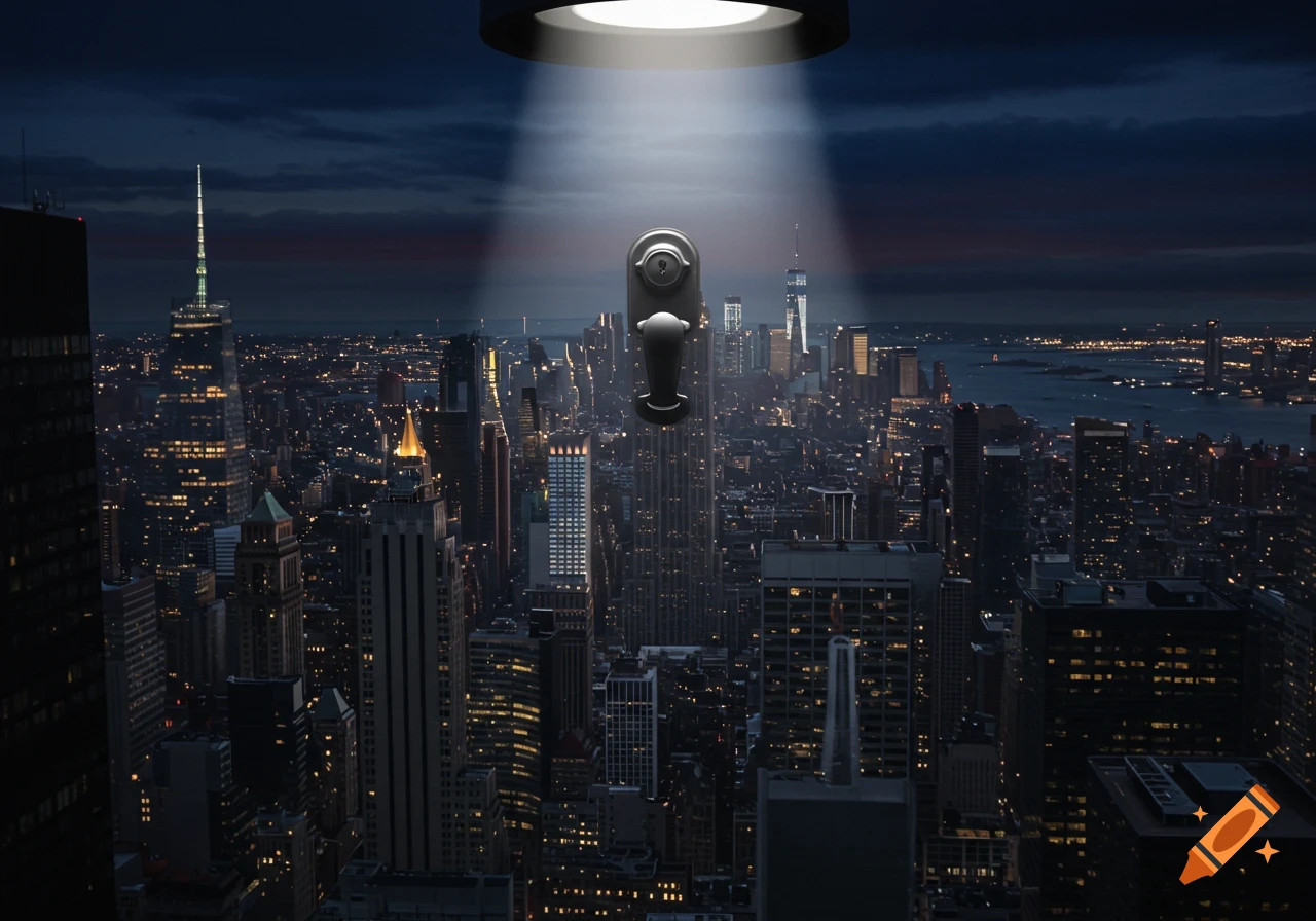 Photorealistic nighttime New York City skyline with a spotlight shining ...
