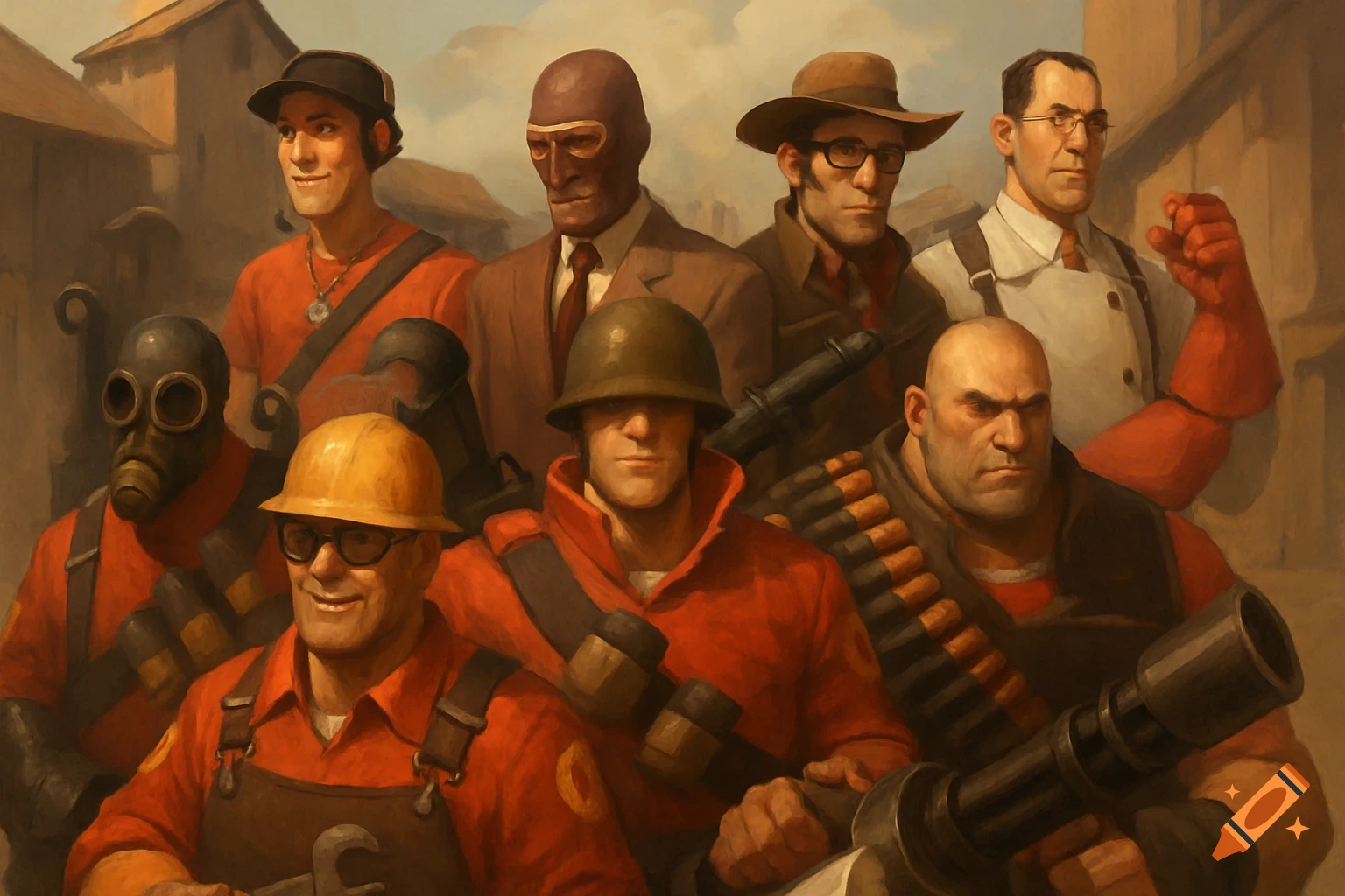 Group portrait of nine stylized male characters from Team Fortress 2, in military and worker attire, some holding weapons, in a painterly style.