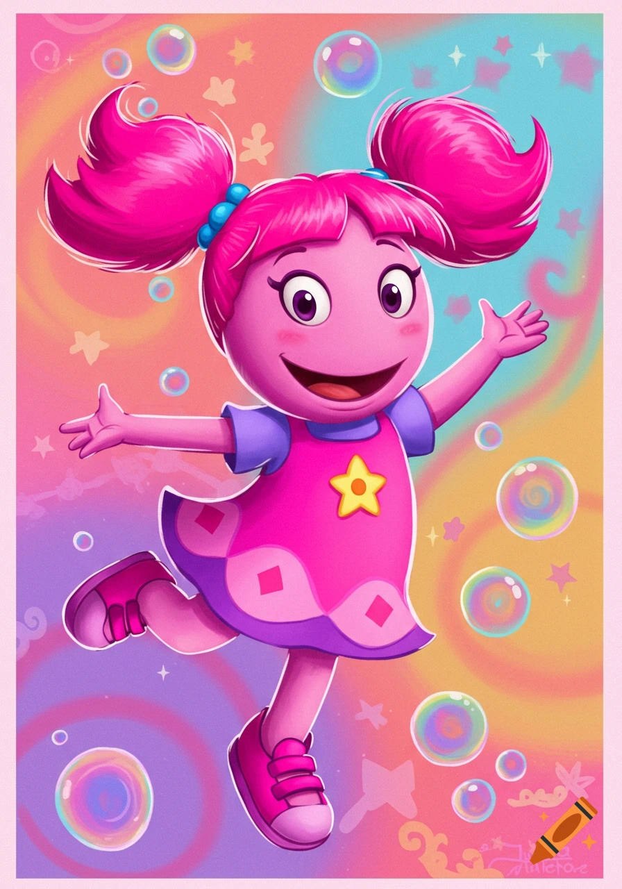 A vibrant pink cartoon character with pigtails in a pink dress smiles and extends arms, surrounded by colorful bubbles and stars.