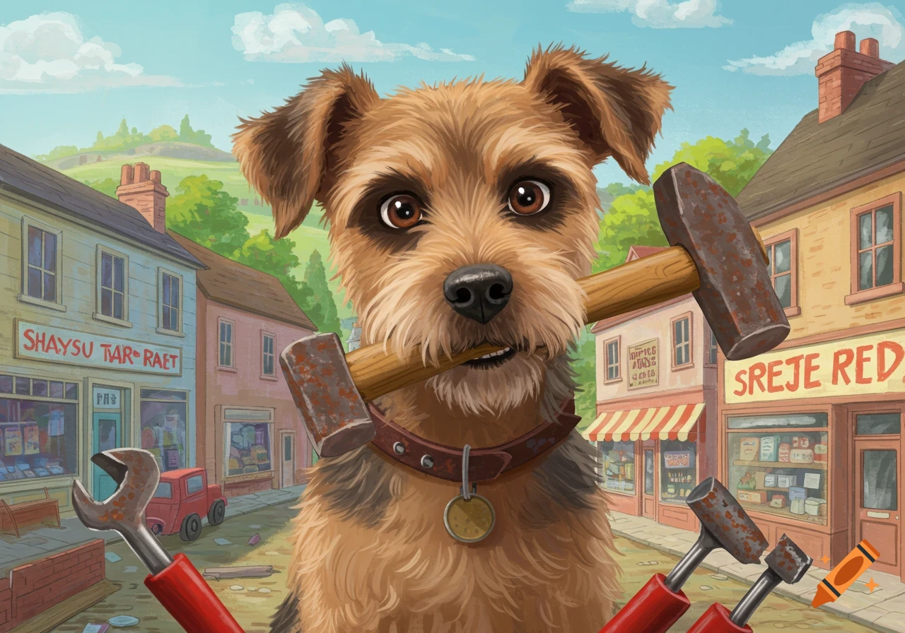 A cartoon terrier dog with a black snout holds a large hammer in its mouth, standing in the middle of a quaint town street.