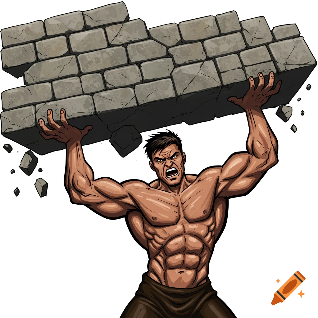 A muscular man with a determined expression holds up a crumbling brick wall above his head in a comic art style illustration.