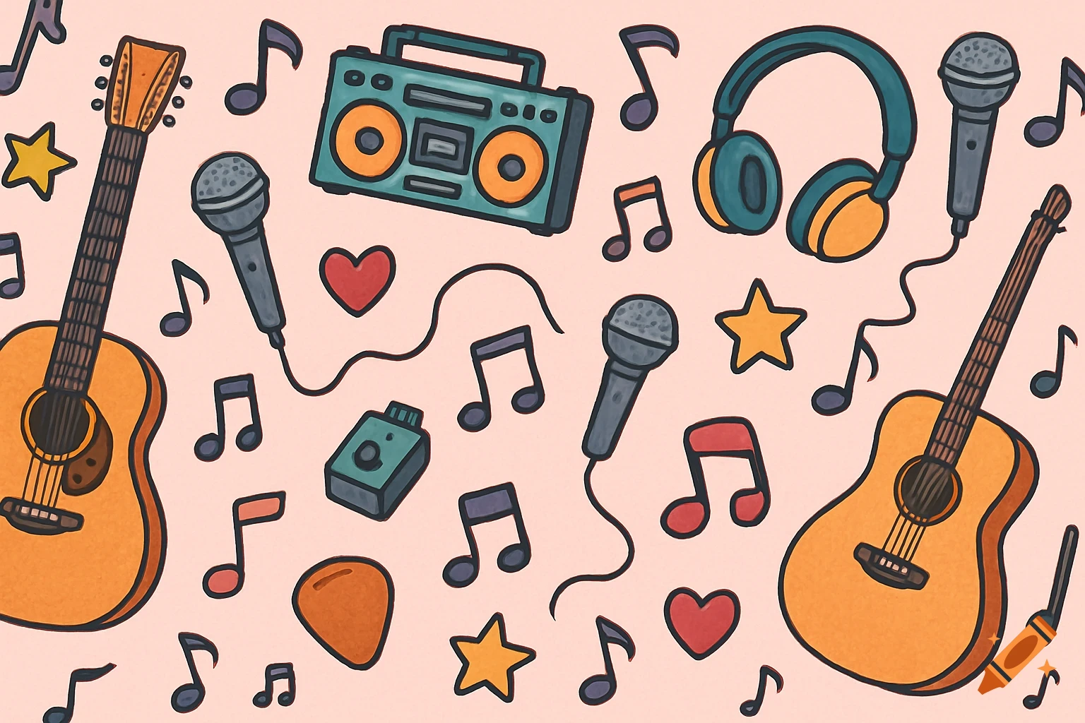 Cute, modern illustration of musical instruments and symbols: guitars, microphones, headphones, boombox, notes, hearts, and stars on pink.