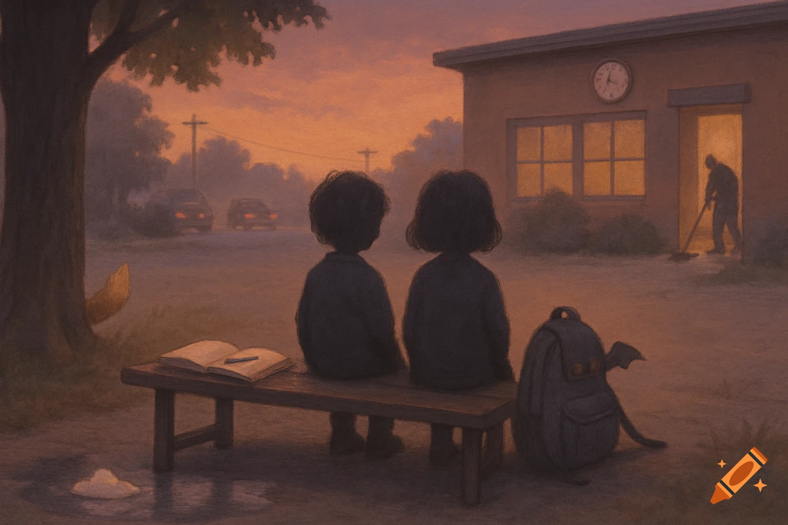 Two children sit on a bench, backs to the viewer, in a quiet schoolyard at dusk with an open sketchbook, a backpack with small dragon wings, and a clock on the school building.
