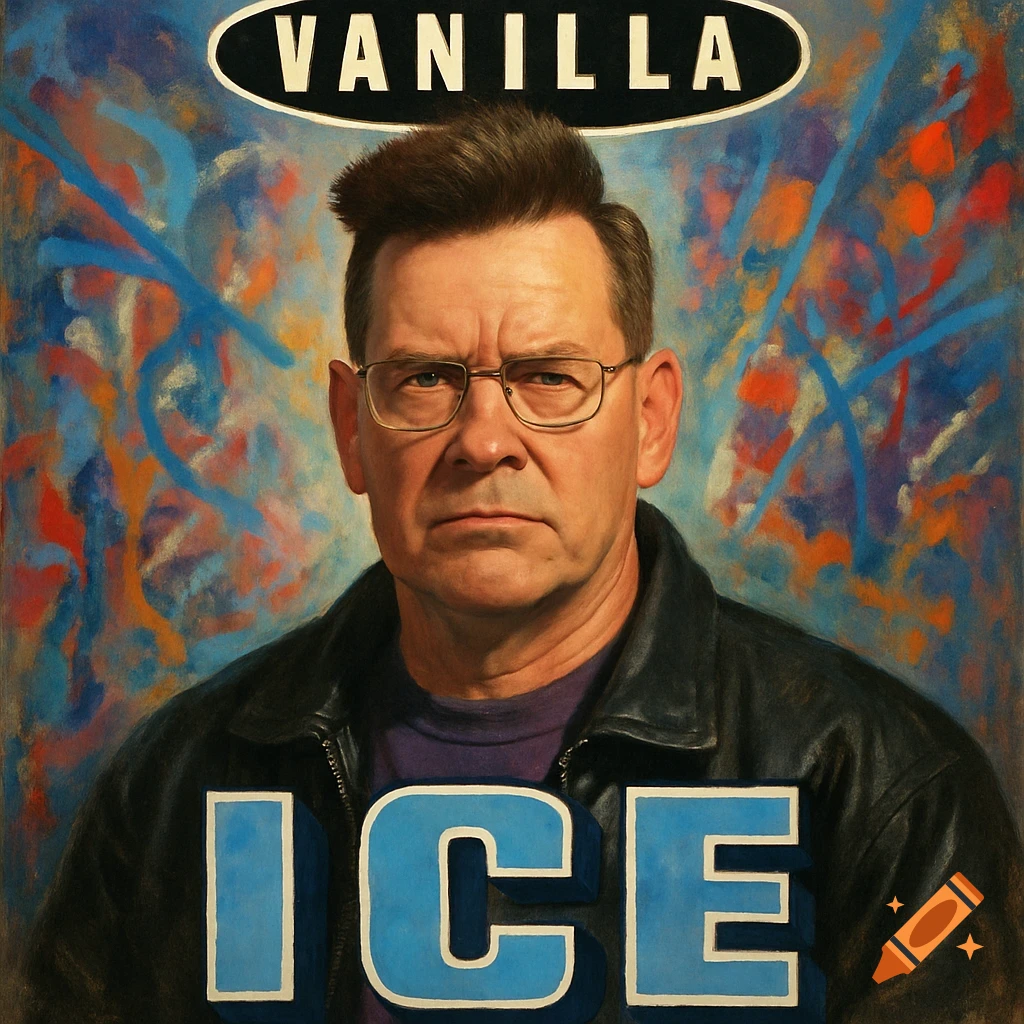 Portrait of an older man in a leather jacket on an abstract background, with 'VANILLA' at the top and 'ICE' at the bottom, resembling an album cover.