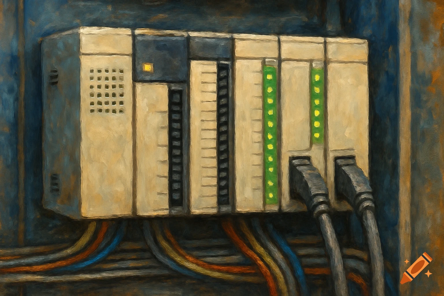 Close-up oil painting of a modular Programmable Logic Controller (PLC) with connected cables and illuminated indicator lights.