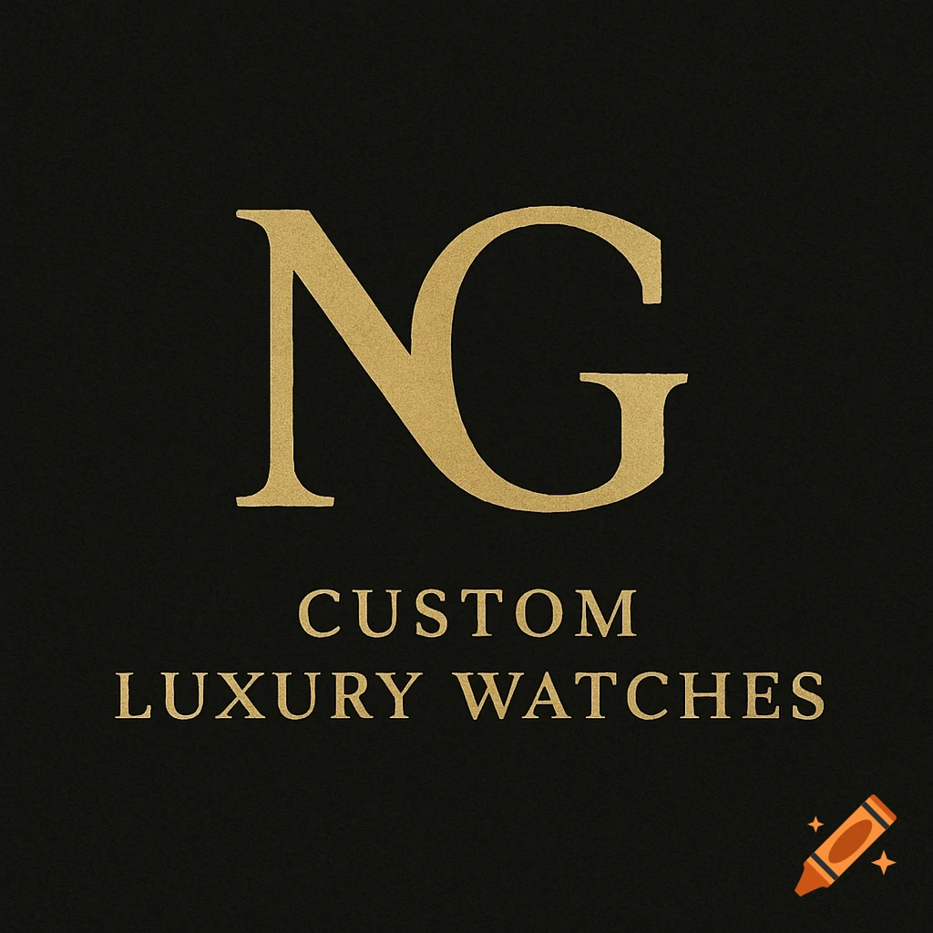 A gold 'NG' logo with 'CUSTOM LUXURY WATCHES' text on a black background.