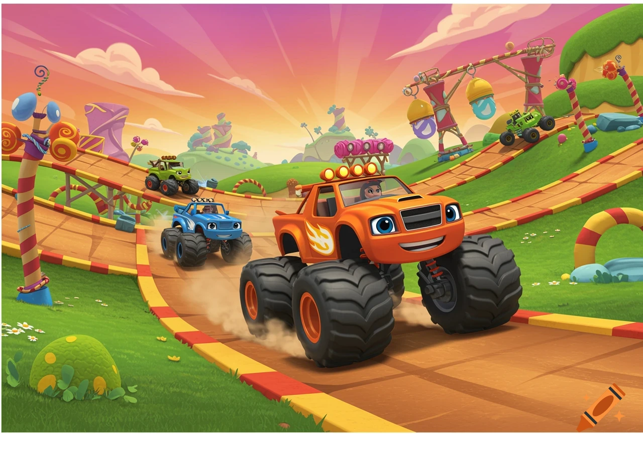 Cartoon monster trucks race on a colorful track in a vibrant, stylized landscape.
