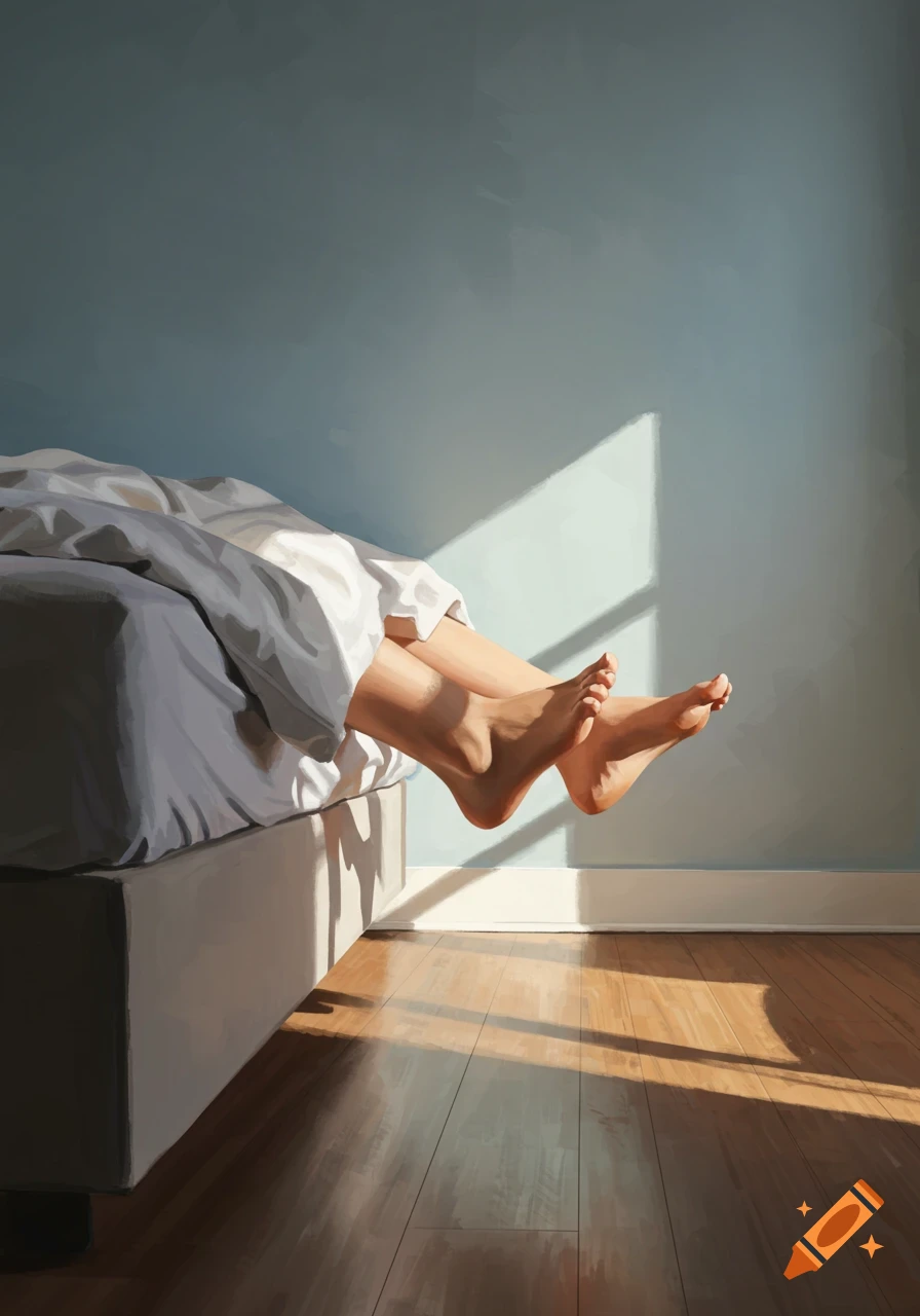 Painterly image of bare feet extended from a bed under white covers, illuminated by morning sunlight in a blue room.
