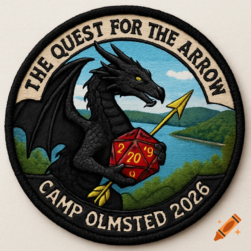 An embroidered circular patch features a black dragon holding a red d20 die and a golden arrow, set against a background of mountains and a lake under a blue sky. Text reads "THE QUEST FOR THE ARROW" at the top and "CAMP OLMSTED 2026" at the bottom.