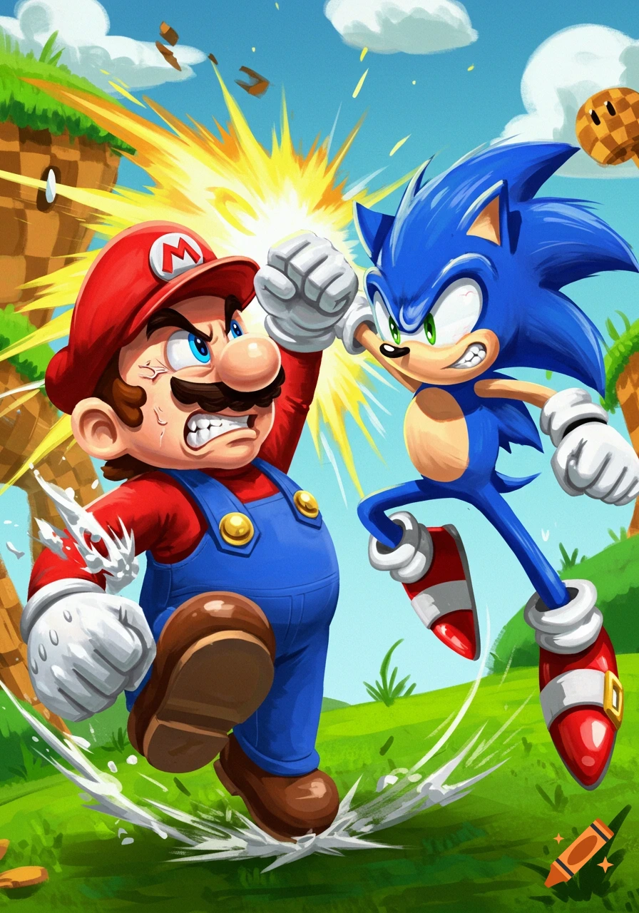 Cartoon illustration of Mario and Sonic, both looking angry, about to punch each other with a bright yellow explosion between them.