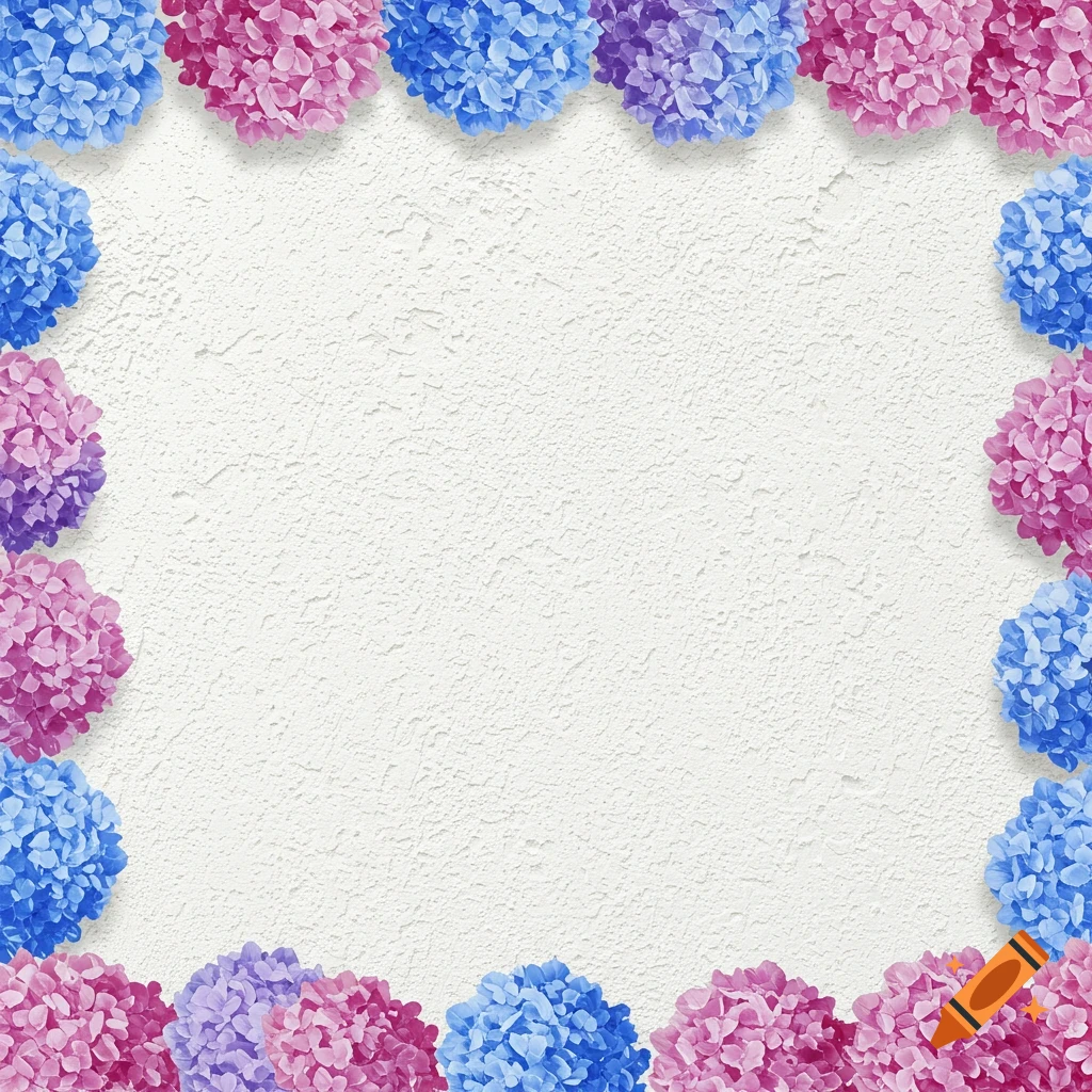 A square frame of blue, pink, and purple hydrangea flowers borders a textured white stucco background.