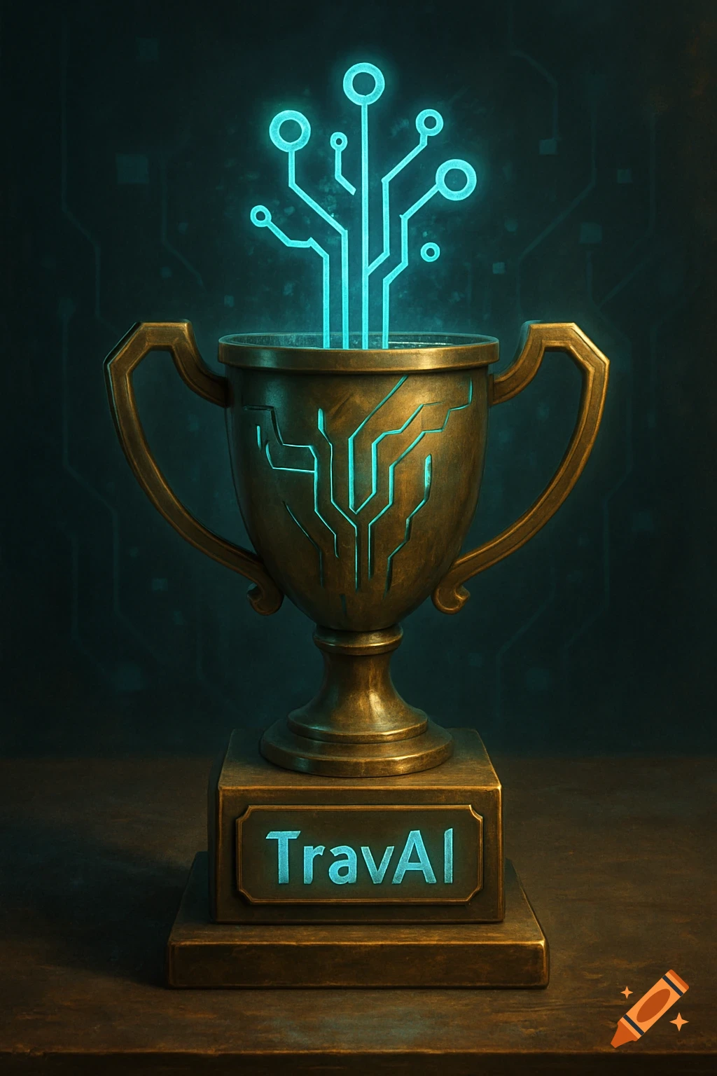 A bronze trophy with glowing blue circuit board designs and the text "TravAI" on its base, on a dark background.