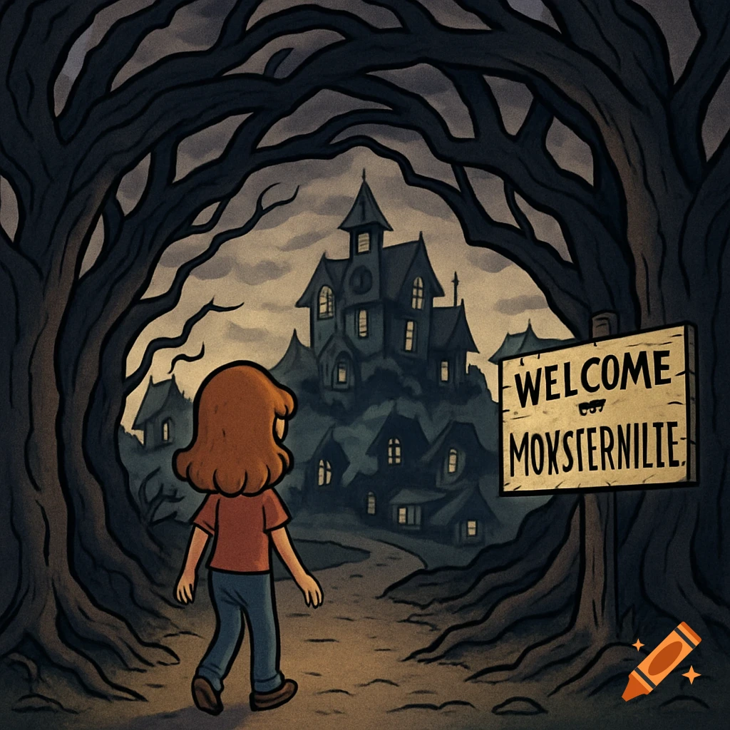 A cartoon girl walks through twisted trees towards a spooky haunted house at dusk, passing a sign that reads 'Welcome Moksternilie'.