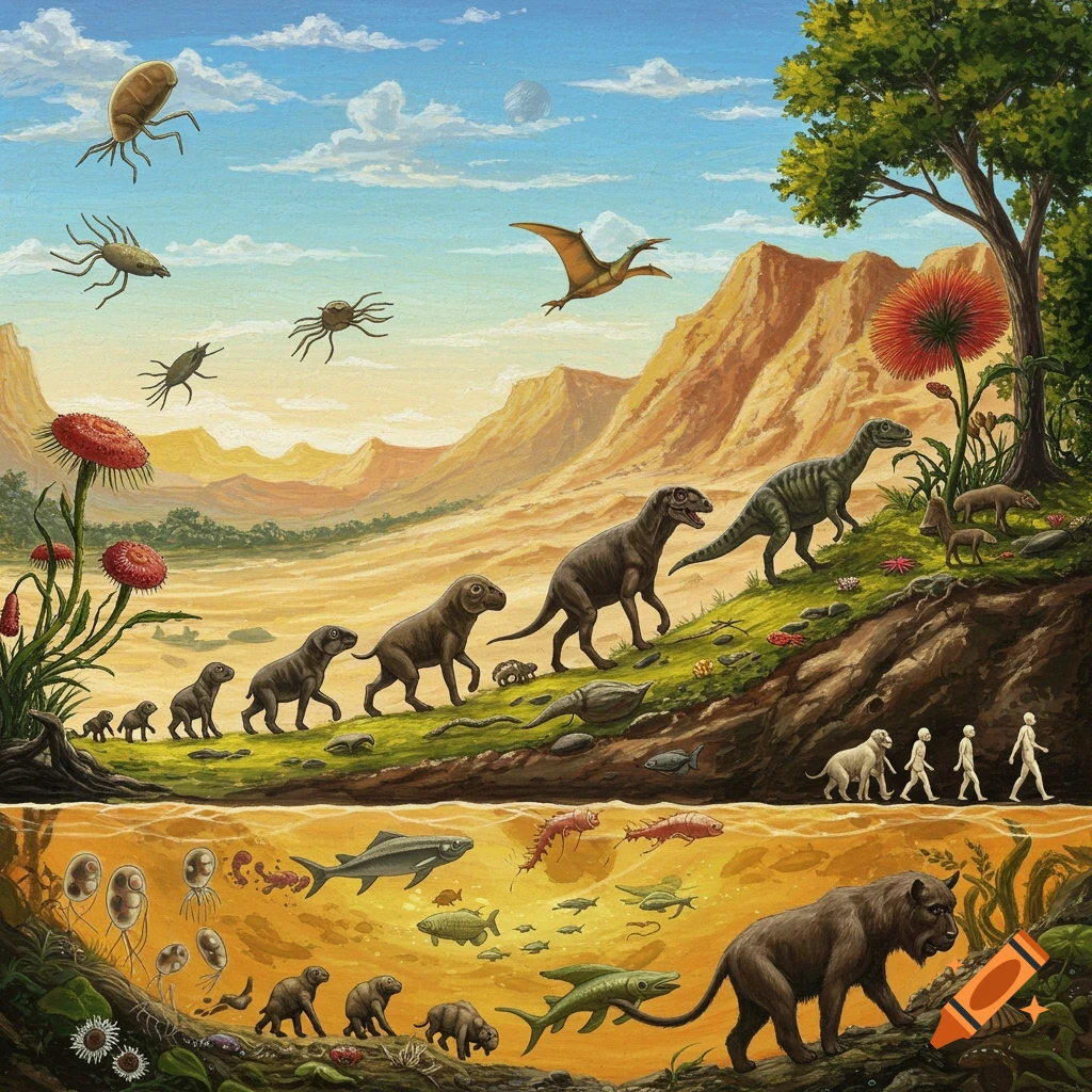 Painting showing the evolution of life from underwater organisms to land animals and humans, set in a prehistoric landscape.