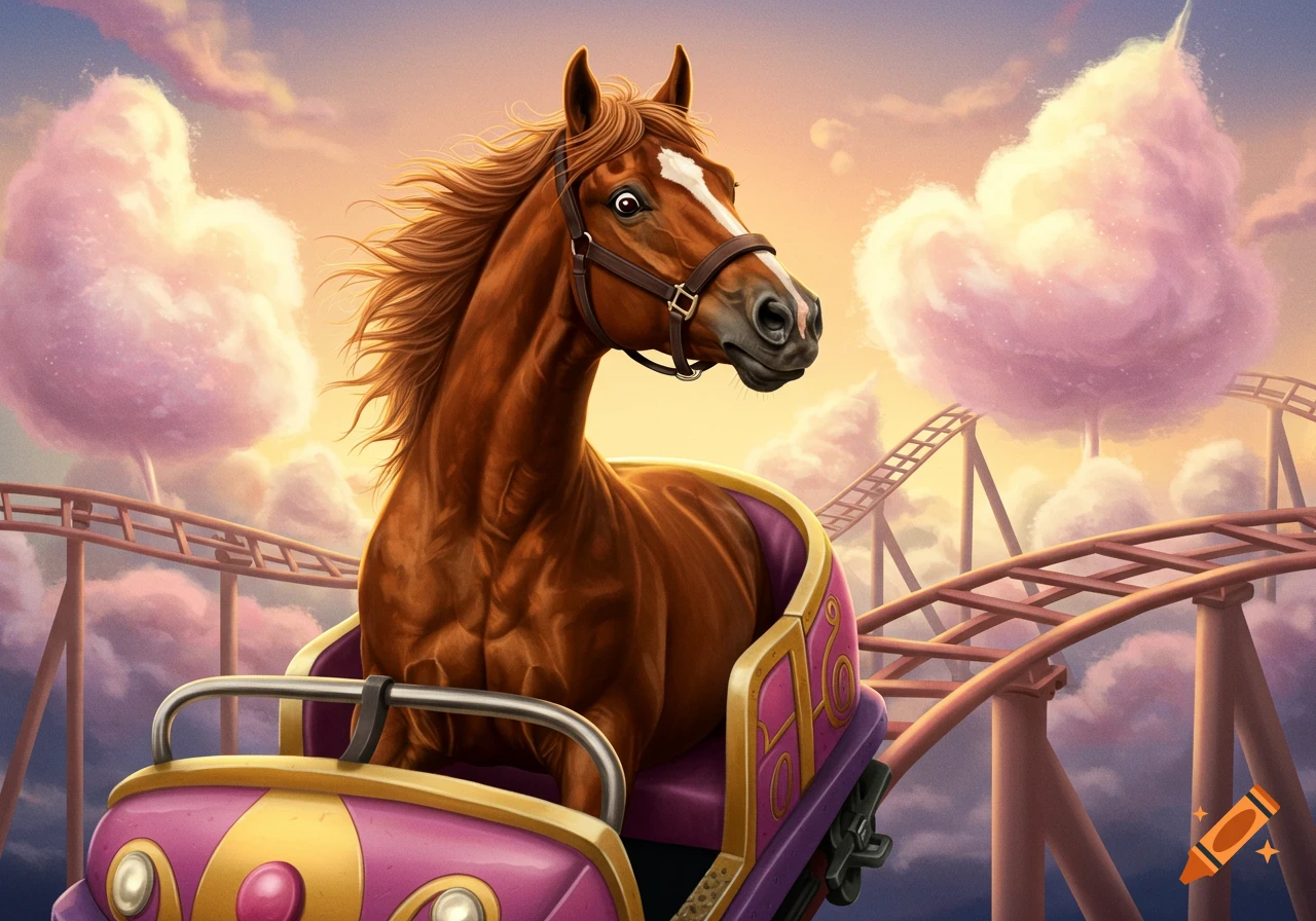 An illustrated brown horse rides a pink rollercoaster car through a whimsical sky with cotton candy clouds and tracks.