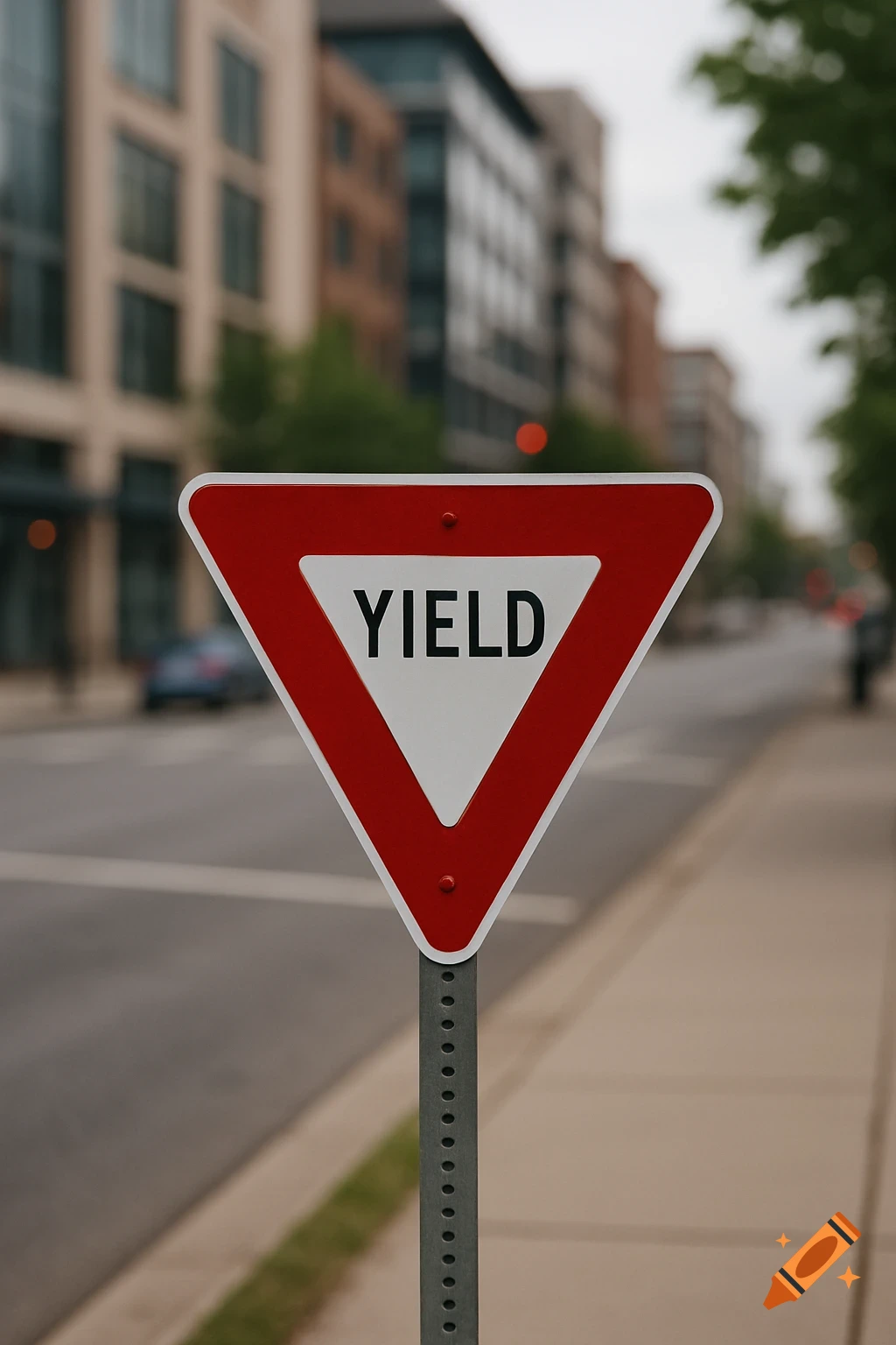 A close-up of a red and white triangular YIELD sign on a pole, with a blurred urban street and buildings in the background.
