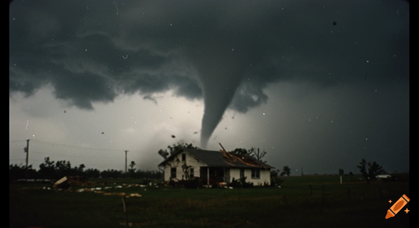 Grainy VHS footage of a massive tornado bearing down on a damaged rural house under a dark, stormy sky.