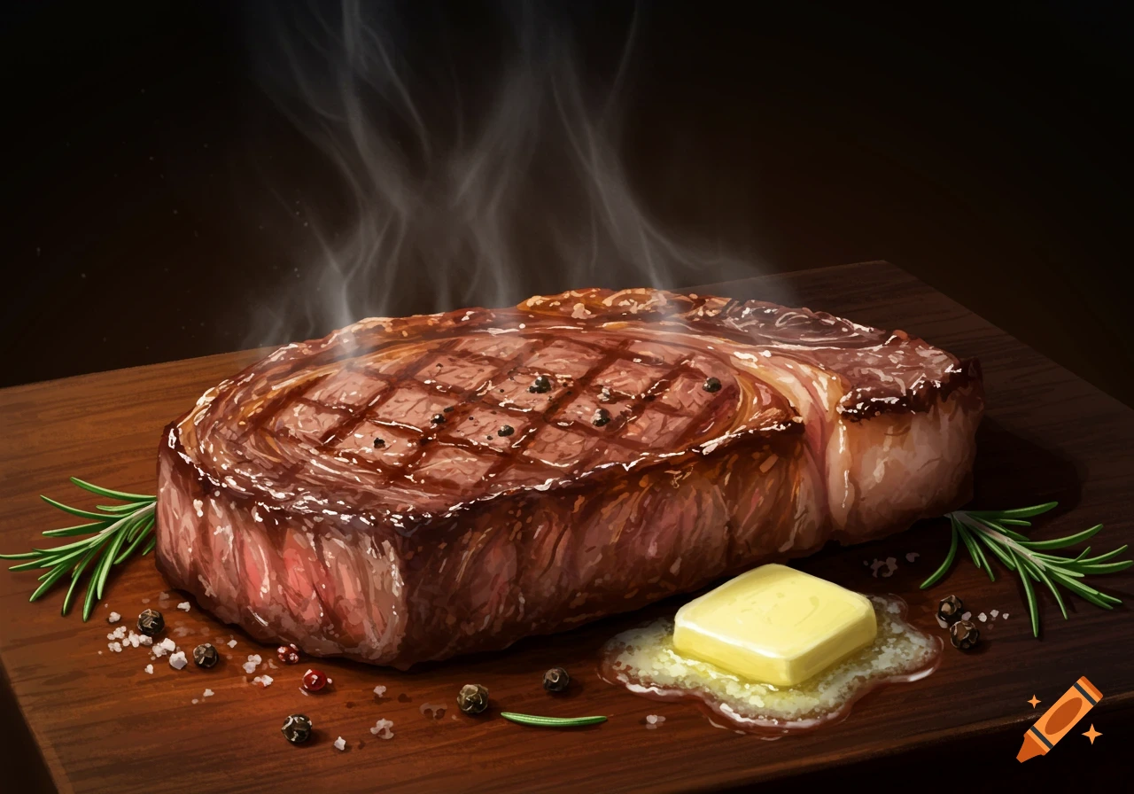 A sizzling, juicy steak with grill marks on a wooden board, garnished with rosemary, salt, and pepper, with a melting pat of butter.