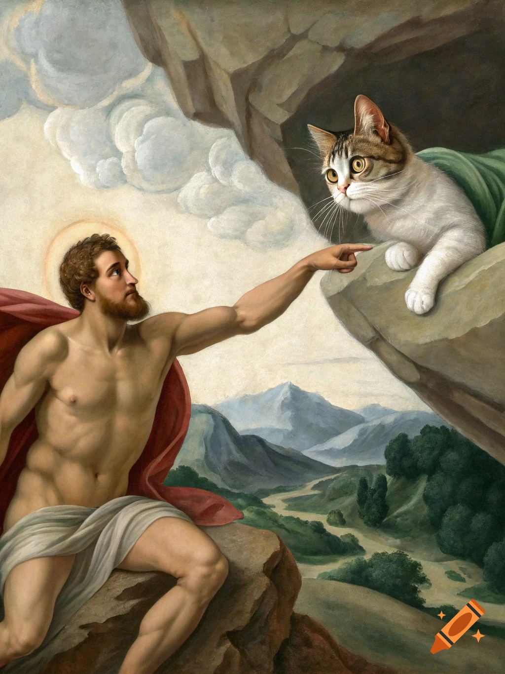 A classical painting parody of The Creation of Adam, with a man reaching out to touch a cat, set in a mountainous landscape.