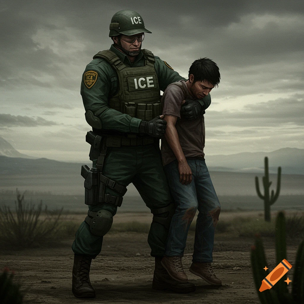 An ICE agent in uniform holds a man in a desolate desert landscape with cacti under a cloudy sky.